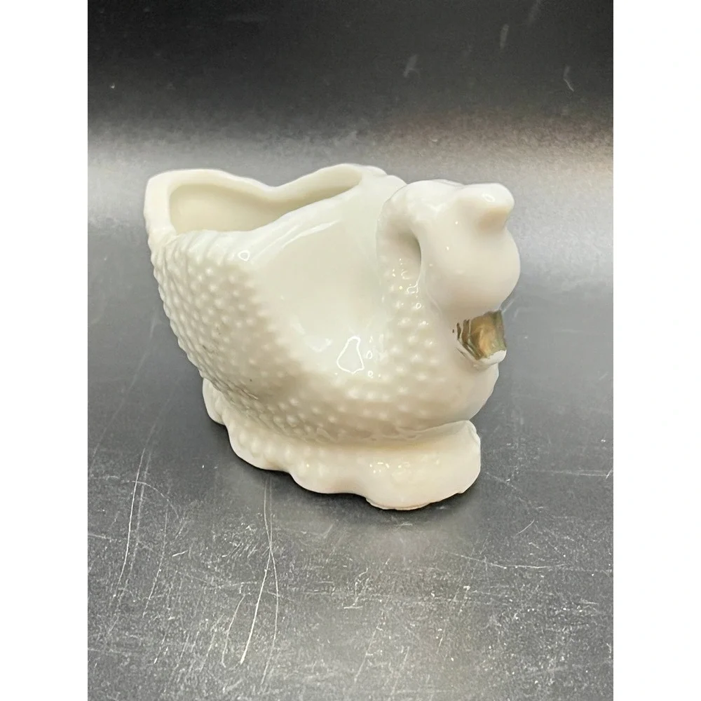 Vtg White Small Hobnail Ceramic Swan Planter Trinket Dish Gold Trim Japan 2x2.5